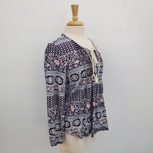 Daniel Rainn Navy‎ Red Floral Peasant Boho Top Size M Long Sleeve Lightweight - Picture 2 of 14